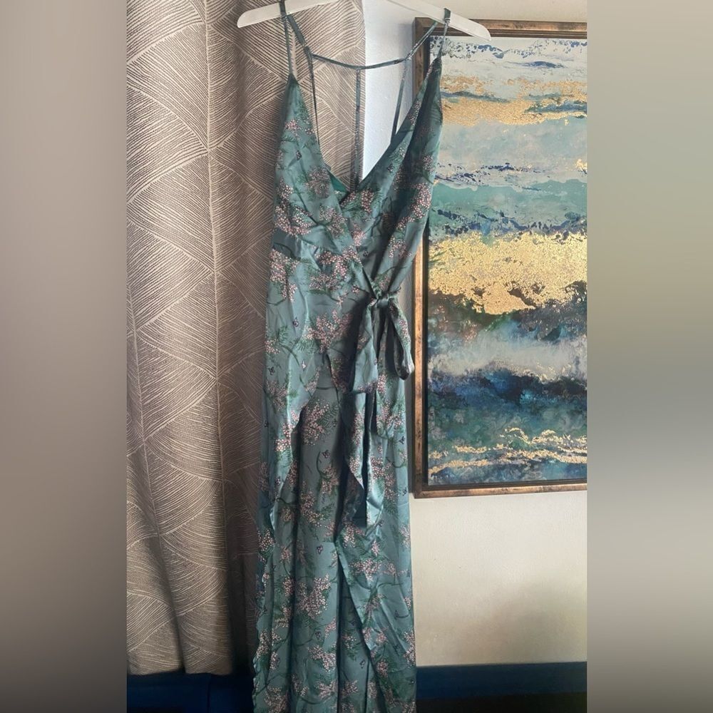 Fashion Nova Womens Size Small Green/pink Wrap Long Maxi V-Neck Dress Floral